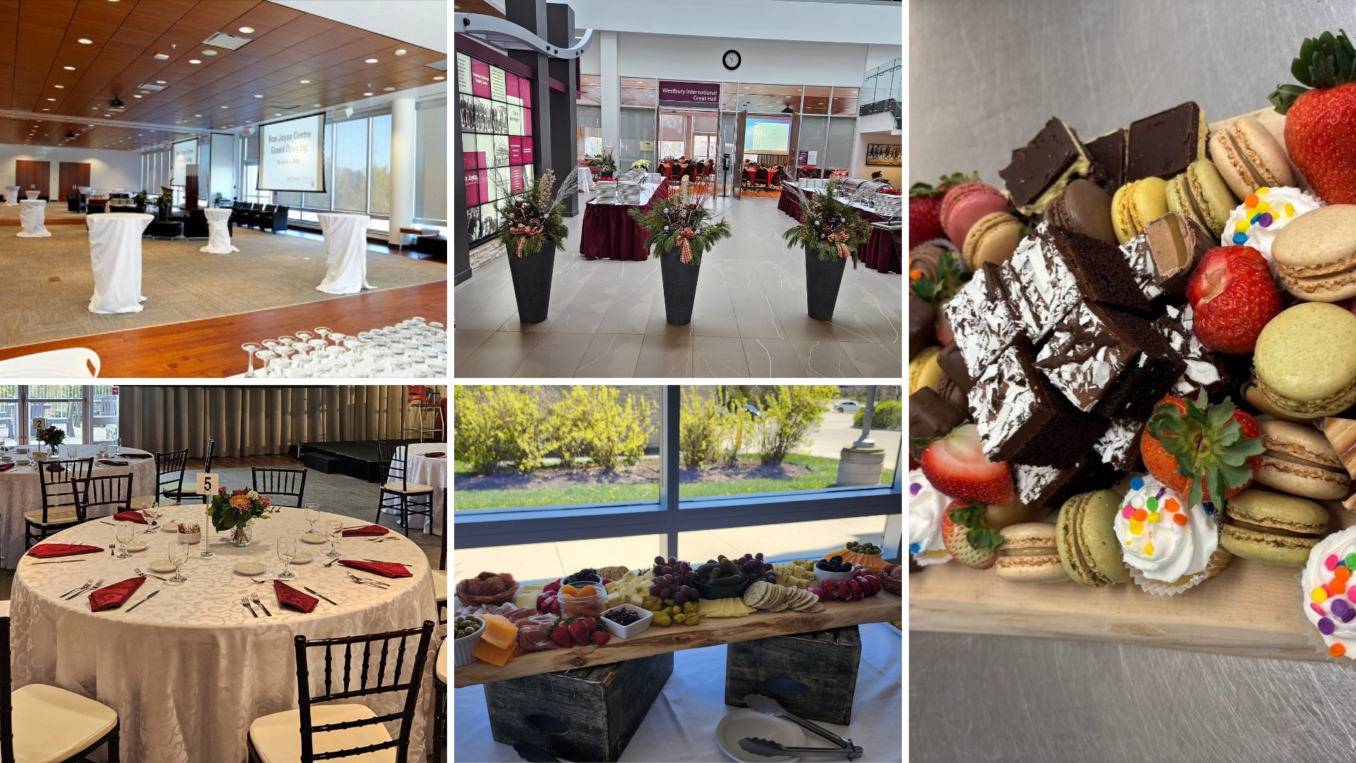 Collage of photos showing room and table arrangements, as well as two food boards.